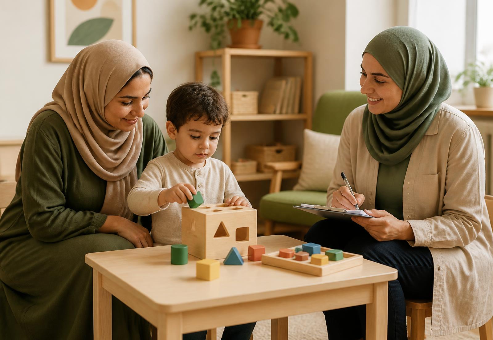 أم وطفلها مع مختصة تطوّر الطفل حول طاولة ألعاب خشبية